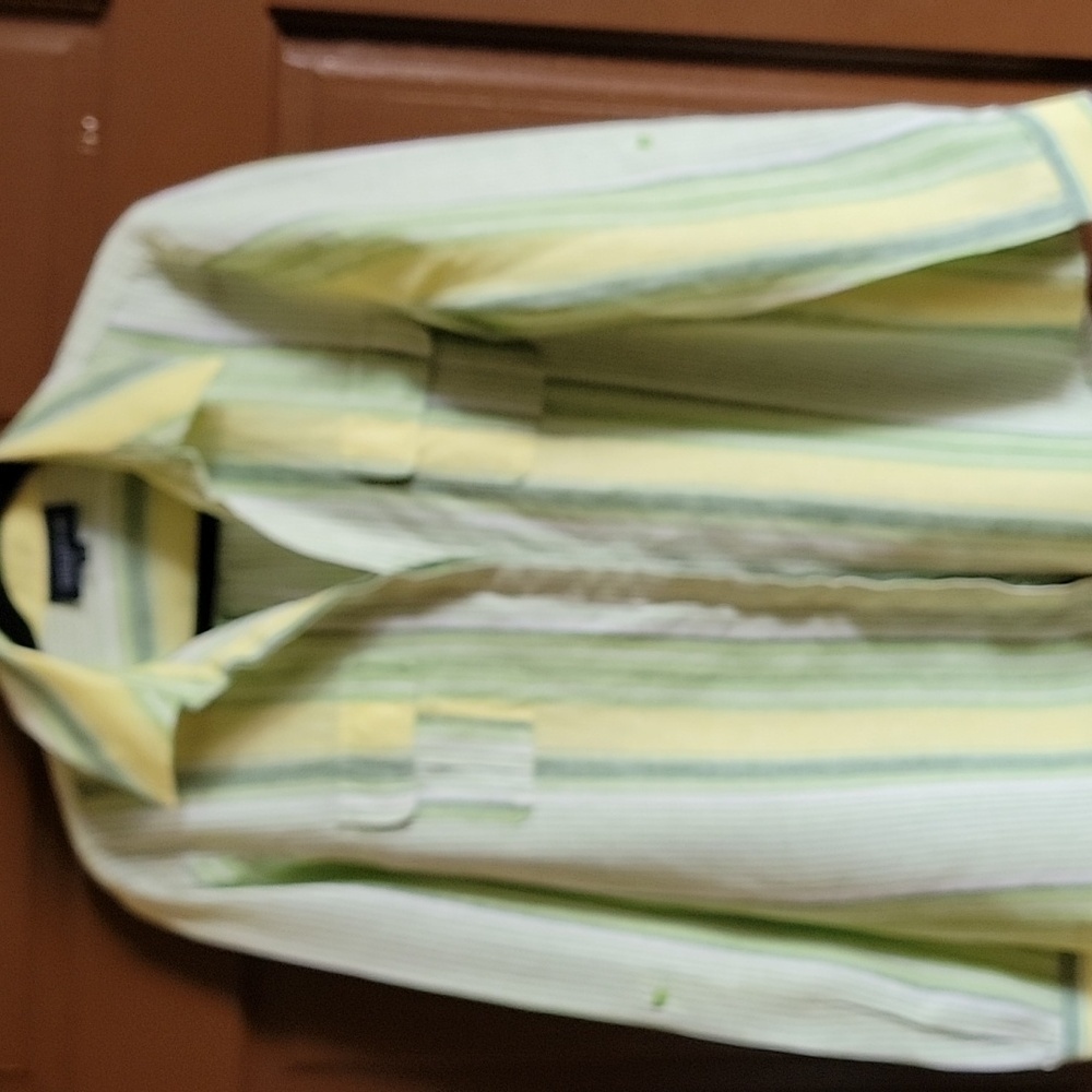 Jones New York-Linen green,white, yellow striped collared, long sleeved top L.